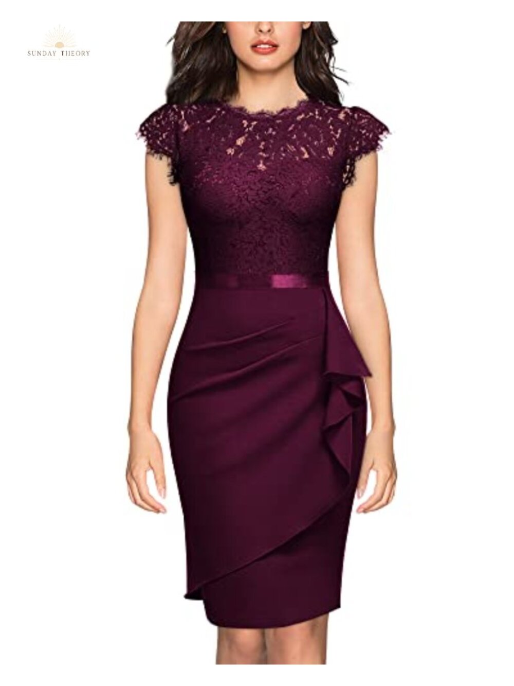 Lace Cap Sleeve Ruffle Cocktail Dress Fitted Sheath